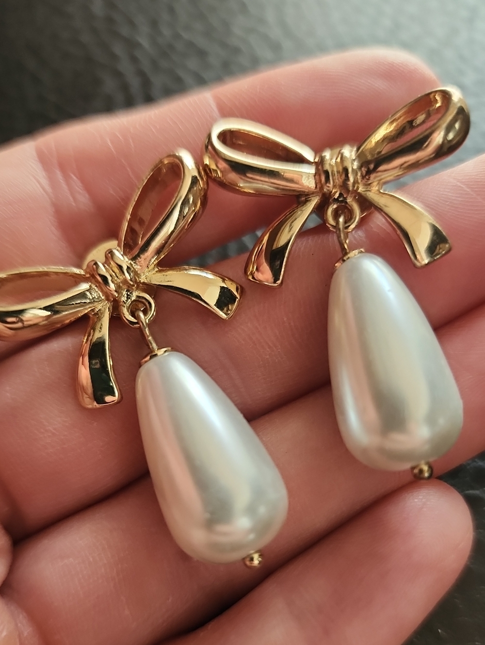 Bow Drop Pearl Earrings - Gold Tone